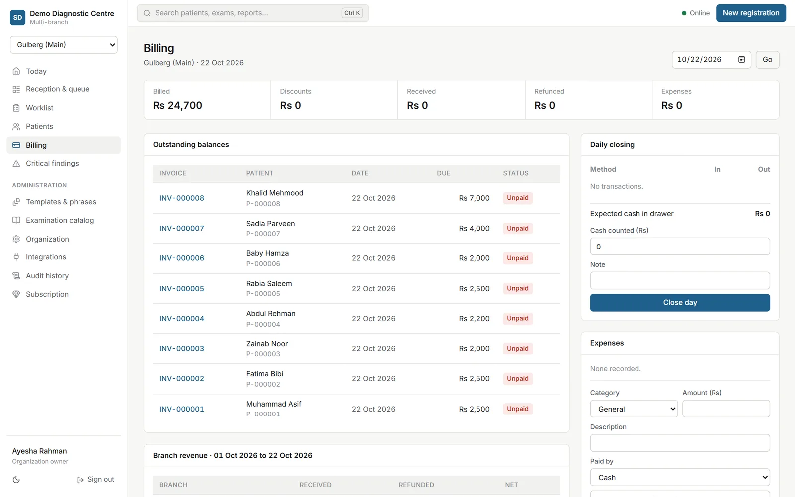 Billing and invoices in diagnostic centre software