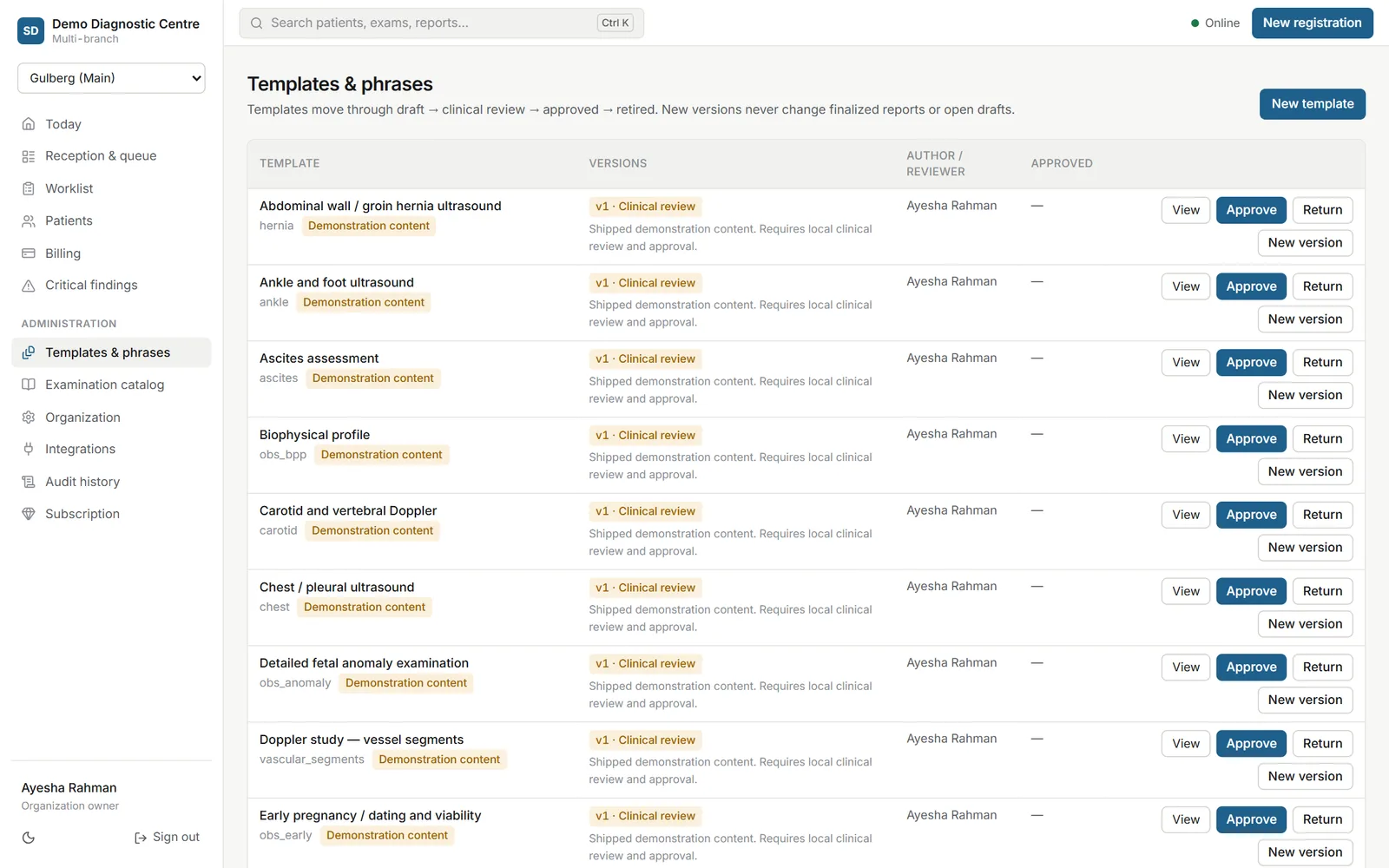 Report templates moving through draft, clinical review and approval