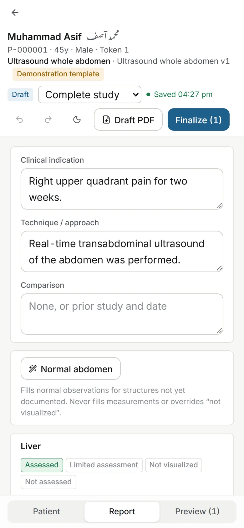 Reporting an ultrasound examination on a phone