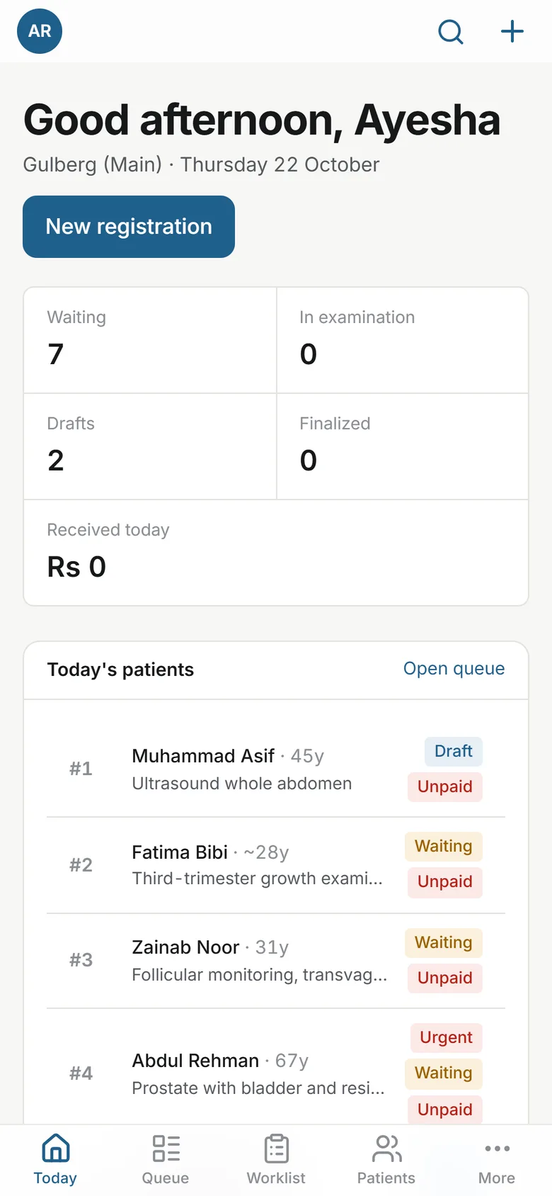 SonoTez mobile app home screen with today's patients